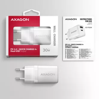AXAGON ACU-PQ30W, Sil nabíječka do sítě 30W, 2x port (USB-A + USB-C), PD3.0/PPS/QC4+/SFC/AFC/Apple, bílá