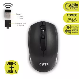 PORT bezdrátová myš Wireless office, USB-A/USB-C dongle, 2, 4Ghz, 1000DPI, černá PORT bezdrátová myš Wireless office, USB-A/USB-C dongle, 2, 4Ghz, 1000DPI, černá