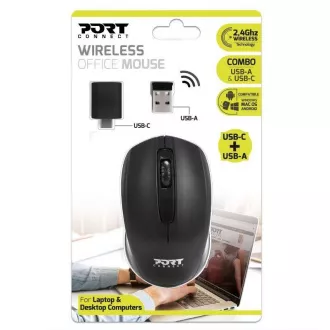 PORT bezdrátová myš Wireless office, USB-A/USB-C dongle, 2, 4Ghz, 1000DPI, černá PORT bezdrátová myš Wireless office, USB-A/USB-C dongle, 2, 4Ghz, 1000DPI, černá