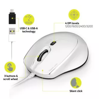 PORT optická myš SILENT, USB-A/USB-C, 3600 DPI, bílá