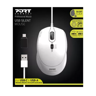PORT optická myš SILENT, USB-A/USB-C, 3600 DPI, bílá