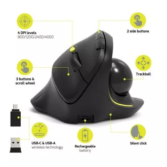 PORT bezdrátová ergonomická myš ERGONOMIC TRACKBALL, 2, 4 Ghz & Bluetooth, USB-A/C, černá