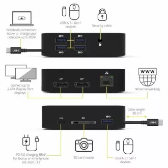 PORT dokovací stanice USB-C 10v1, 2x4K Display Port, 5x USB-A, USB-C 85W PD, Ethernet, SD PORT dokovací stanice USB-C 10v1, 2x4K Display Port, 5x USB-A, USB-C 85W PD, Ethernet, SD