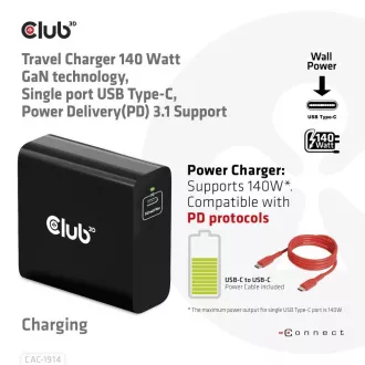Club3D cestovní nabíječka USB-C 140W GaN Technologie, 1xUSB-C, podpora PD 3.1