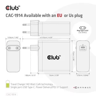 Club3D cestovní nabíječka USB-C 140W GaN Technologie, 1xUSB-C, podpora PD 3.1