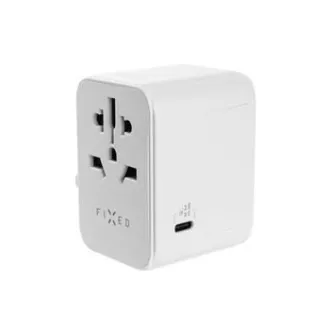 FIXED cestovní adaptér pro EU, UK a USA/AUS, 3x USB-C + 2x USB A, GaN, PD 65W, bílá