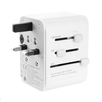 FIXED cestovní adaptér pro EU, UK a USA/AUS, 3x USB-C + 2x USB A, GaN, PD 65W, bílá