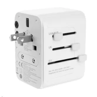 FIXED cestovní adaptér pro EU, UK a USA/AUS, 3x USB-C + 2x USB A, GaN, PD 65W, bílá
