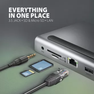 AXAGON HMC-4KX3 USB 5Gbps hub, 3x USB-A, 2x HDMI, DP, RJ-45 GLAN, SD/microSD, audio, PD 100W, kabel USB-C 40cm