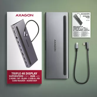 AXAGON HMC-4KX3 USB 5Gbps hub, 3x USB-A, 2x HDMI, DP, RJ-45 GLAN, SD/microSD, audio, PD 100W, kabel USB-C 40cm