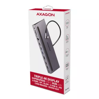 AXAGON HMC-4KX3 USB 5Gbps hub, 3x USB-A, 2x HDMI, DP, RJ-45 GLAN, SD/microSD, audio, PD 100W, kabel USB-C 40cm