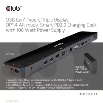 Club3D Dokovací stanice USB-C 14v1, 1xDP, 1xHDMI, 1xVGA, 2xUSB-C, 5xUSB, 1xRJ45, 1x3.5mm, šedá