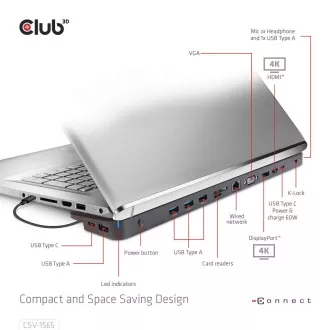 Club3D Dokovací stanice USB-C 14v1, 1xDP, 1xHDMI, 1xVGA, 2xUSB-C, 5xUSB, 1xRJ45, 1x3.5mm, šedá