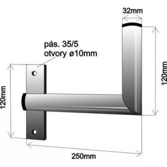 Držák antény na zeď u okna s pásem, levé uchycení, galvanický zinek, délka 25cm, průměr 3, 2cm