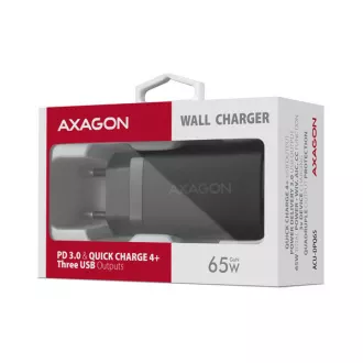 AXAGON ACU-DPQ65, GaN nabíječka do sítě 65W, 3x port (USB-A + dual USB-C), PD3.0/QC4+/PPS/Apple, černá