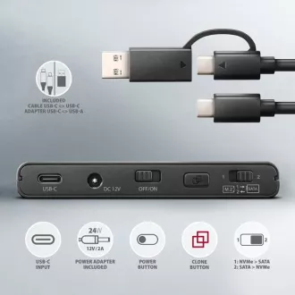 AXAGON ADSA-CC USB-C 10Gbps - NVMe M.2 SSD & SATA 2.5"/3.5" SSD/HDD CLONE MASTER 2 adaptér