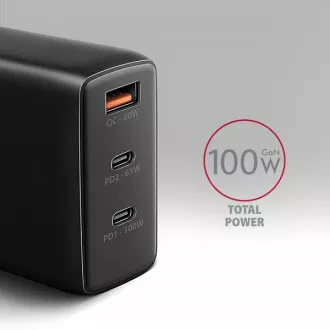 AXAGON ACU-DPQ100, GaN nabíječka do sítě 100W, 3x port (USB-A + dual USB-C), PD3.0/PPS/QC4+/Apple, černá