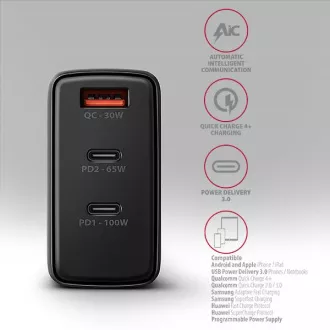 AXAGON ACU-DPQ100, GaN nabíječka do sítě 100W, 3x port (USB-A + dual USB-C), PD3.0/PPS/QC4+/Apple, černá