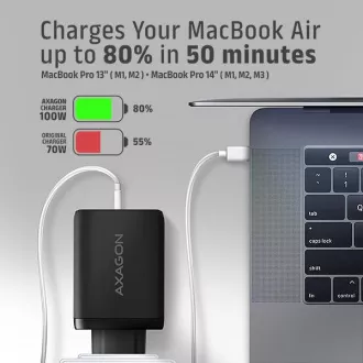 AXAGON ACU-DPQ100, GaN nabíječka do sítě 100W, 3x port (USB-A + dual USB-C), PD3.0/PPS/QC4+/Apple, černá