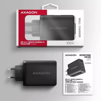 AXAGON ACU-DPQ100, GaN nabíječka do sítě 100W, 3x port (USB-A + dual USB-C), PD3.0/PPS/QC4+/Apple, černá