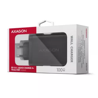 AXAGON ACU-DPQ100, GaN nabíječka do sítě 100W, 3x port (USB-A + dual USB-C), PD3.0/PPS/QC4+/Apple, černá