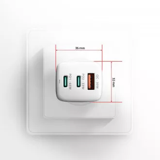 AXAGON ACU-DPQ65W, GaN nabíječka do sítě 65W, 3x port (USB-A + dual USB-C), PD3.0/QC4+/PPS/Apple, bílá