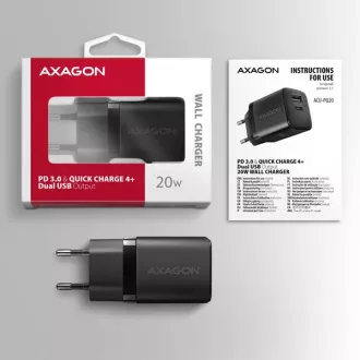 AXAGON ACU-PQ20, nabíječka do sítě 20W, 2x port (USB-A + USB-C), PD3.0/PPS/QC4+/AFC/Apple, černá