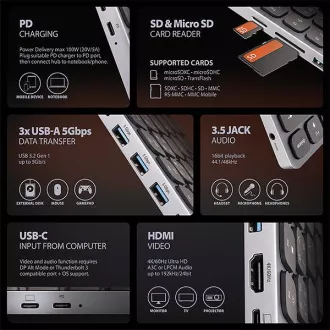AXAGON HMC-KB-CS, USB 5Gbps hub s CZ/SK klávesnicí, HDMI 4K/60Hz, 3x USB-A, SD/mSD, audio, PD 100W, kabel USB-C 60cm
