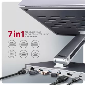 AXAGON HMC-STND, stojan pro 10"-17" notebooky, USB 5Gbps hub, 3x USB-A, HDMI 4k/60Hz, RJ-45, PD 100W, kabel USB-C 60cm