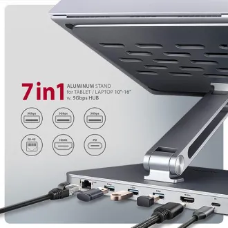 AXAGON HMC-STND, stojan pro 10"-17" notebooky, USB 5Gbps hub, 3x USB-A, HDMI 4k/60Hz, RJ-45, PD 100W, kabel USB-C 60cm - Použité
