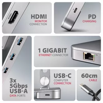 AXAGON HMC-STND, stojan pro 10"-17" notebooky, USB 5Gbps hub, 3x USB-A, HDMI 4k/60Hz, RJ-45, PD 100W, kabel USB-C 60cm