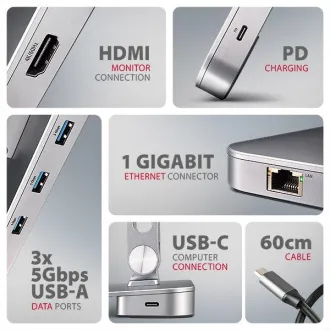 AXAGON HMC-STND, stojan pro 10"-17" notebooky, USB 5Gbps hub, 3x USB-A, HDMI 4k/60Hz, RJ-45, PD 100W, kabel USB-C 60cm - Použité