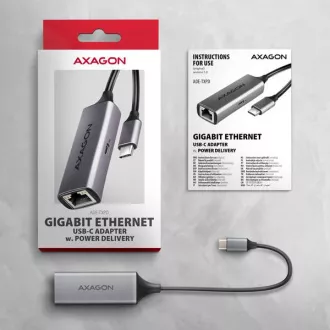 AXAGON ADE-TXPD, USB-C 3.2 Gen 1 - Gigabit Ethernet síťová karta, Asix AX88179, PD 100W, auto instal