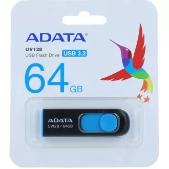 ADATA Flash Disk 64GB UV128, USB 3.1 Dash Drive (R:90/W:40 MB/s) černá/modrá