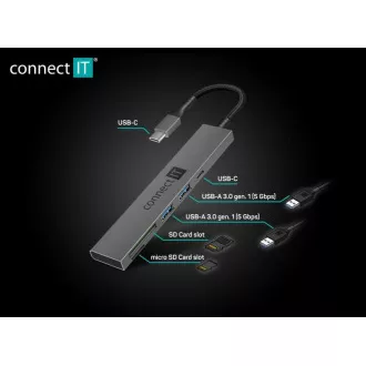 CONNECT IT USB-C hub, 2x USB-A, 1x USB-C, 1x SD karta, 1x MicroSD karta, šedá