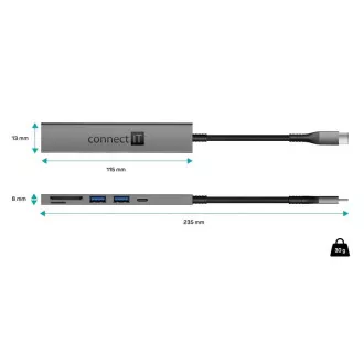 CONNECT IT USB-C hub, 2x USB-A, 1x USB-C, 1x SD karta, 1x MicroSD karta, šedá