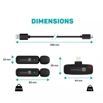 CONNECT IT Mikrofon ClipMic, 2x Bezdrátový Lavalier mikrofón s přijímačem, Lightning konektor, černá