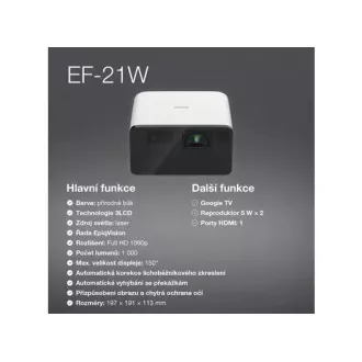 EPSON projektor EF-21W, Full HD, laser, 5.000.000:1, USB 2.0, HDMI, Miracast, 3, 5mm Jack, 5W repro EPSON projektor EF-21W, Full HD, laser, 5.000.000:1, USB 2.0, HDMI, Miracast, 3, 5mm Jack, 5W repro