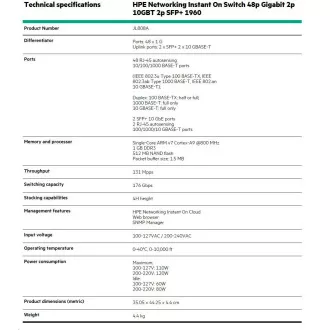 HPE Networking Instant On Switch 48p Gigabit 2p 10GBT 2p SFP+ 1960 (JL808A)
