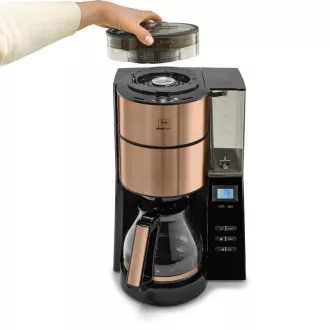 Melitta AromaFresh 1021-04 kávovar s mlýnkem, překapávač, skleněná konvice, 1180 W, displej, měděný
