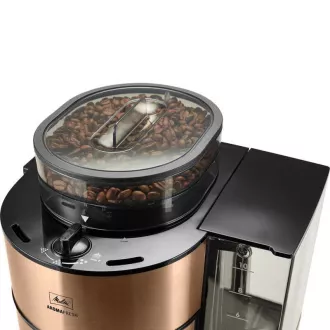 Melitta AromaFresh 1021-04 kávovar s mlýnkem, překapávač, skleněná konvice, 1180 W, displej, měděný