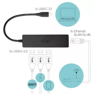 i-tec USB-C 3.1 Slim 3-portový HUB + RJ-45
