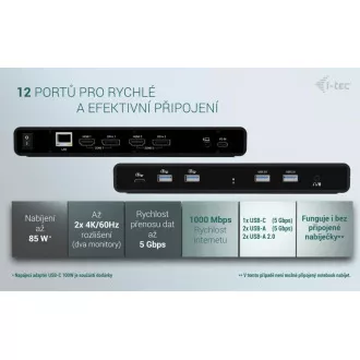 i-tec Universal Dual 4K Display Docking Station, Power Delivery 85W + i-tec USB-C Charger 100W