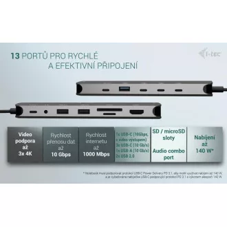 i-tec USB-C Metal Nano 3x Display Dock, 2x HDMI 1x USB-C video, Power Delivery 140W