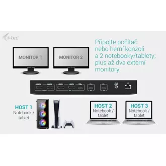 i-tec USB-C KVM Docking station for 3 Hosts, Dual Display, Power Delivery 1x 92W/2x 65W