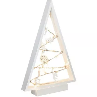 Solight LED dřevěný vánoční stromek s ozdobami, 15LED, přírodní dřevo, 37cm, 2x AA