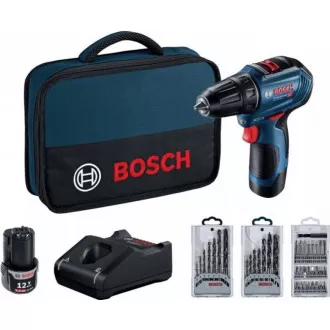 BOSCH GSR 12V-30, akumulátorový vrtací šroubovák, 0 – 420 / 0 – 1.600 ot/min, 8 mm, sada bitů a vrtáků, brašna