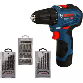 BOSCH GSR 12V-30, akumulátorový vrtací šroubovák, 0 – 420 / 0 – 1.600 ot/min, 8 mm, sada bitů a vrtáků, brašna