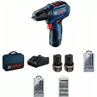 BOSCH GSR 12V-30, akumulátorový vrtací šroubovák, 0 – 420 / 0 – 1.600 ot/min, 8 mm, sada bitů a vrtáků, brašna