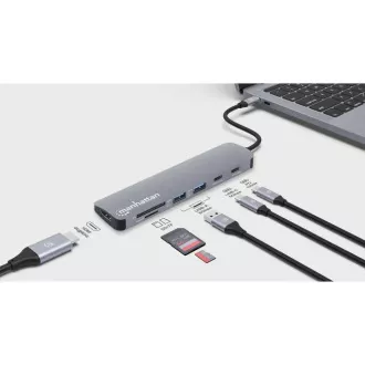 MANHATTAN Dokovací stanice USB-C 7v1, 1xHDMI, 2xUSB-C, 2xUSB, čtečka SD karet, šedá MANHATTAN Dokovací stanice USB-C 7v1, 1xHDMI, 2xUSB-C, 2xUSB, čtečka SD karet, šedá